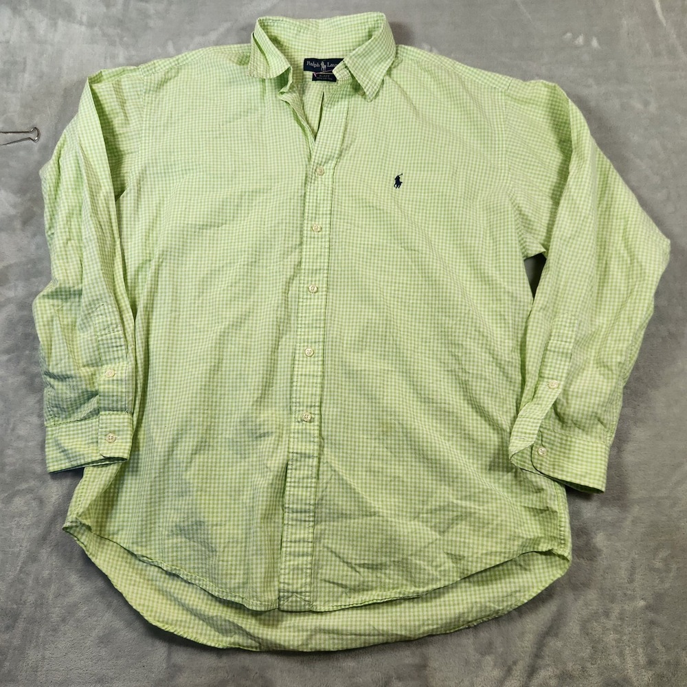 Ralph Lauren Shirt Men Large Green Gingham Plaid Blake Cotton Button Down L